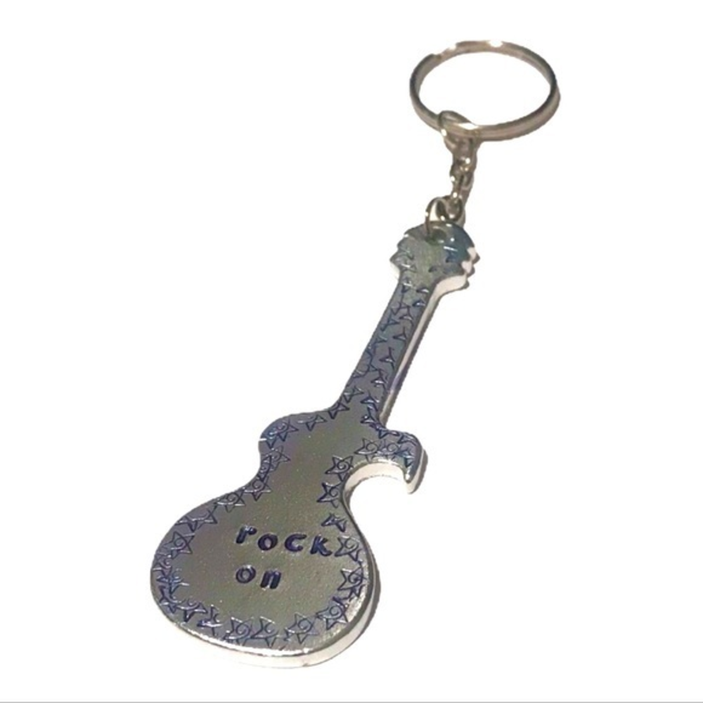 Handmade stamped “rock on” star pattern guitar shaped bottle opener‎ keychain